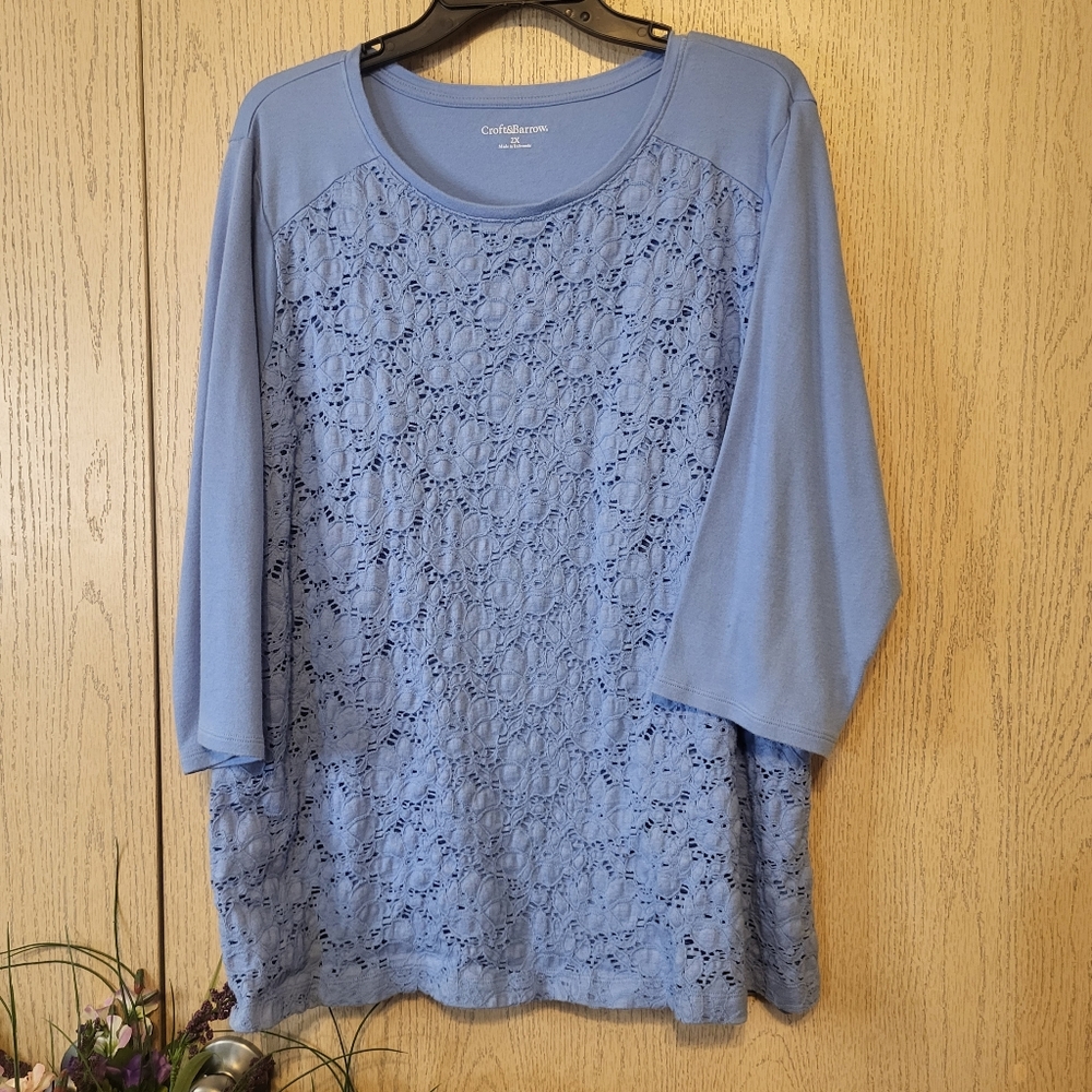 Croft & Barrow Women's Lace Blouse 3/4 Sleeve, Blue, 2X